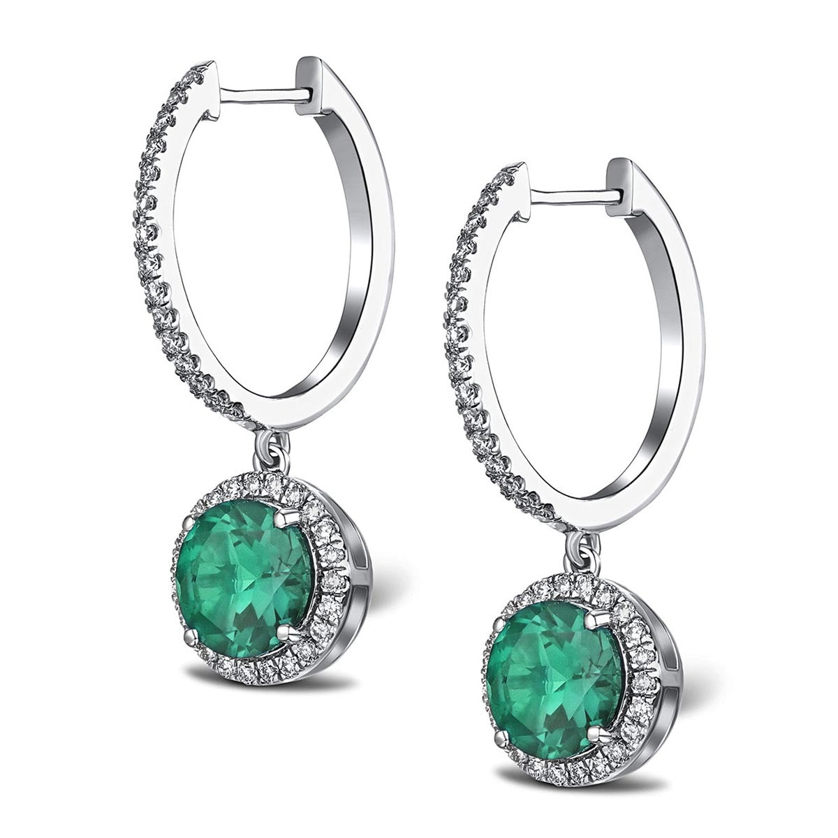 Astra 4.70ct Lab Emerald and Diamond Drop Halo Round Cut Earrings in Silver